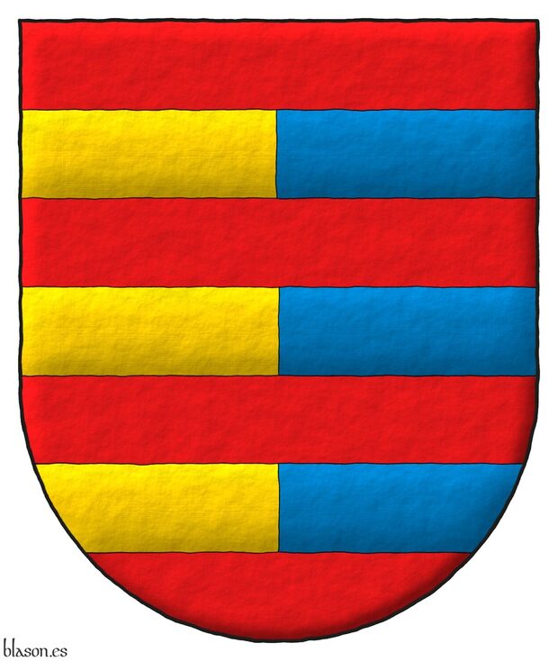 Gules, three bars per pale Or and Azure.
