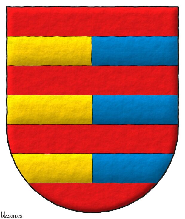 Escudo de gules, tres fajas partidas de oro y azur.