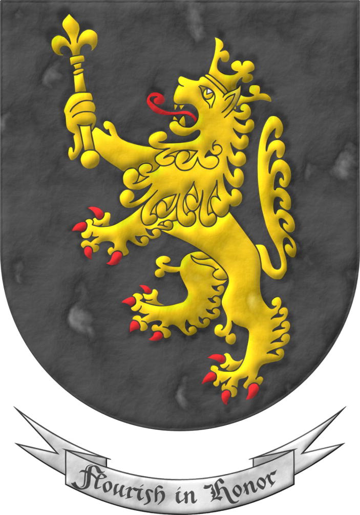 Escudo de sable, un len de oro, rampante, armado y lampasado de gules, coronado de oro, teniendo en su diestra un cetro de oro, flordelisado. Lema: Flourish in Honor.