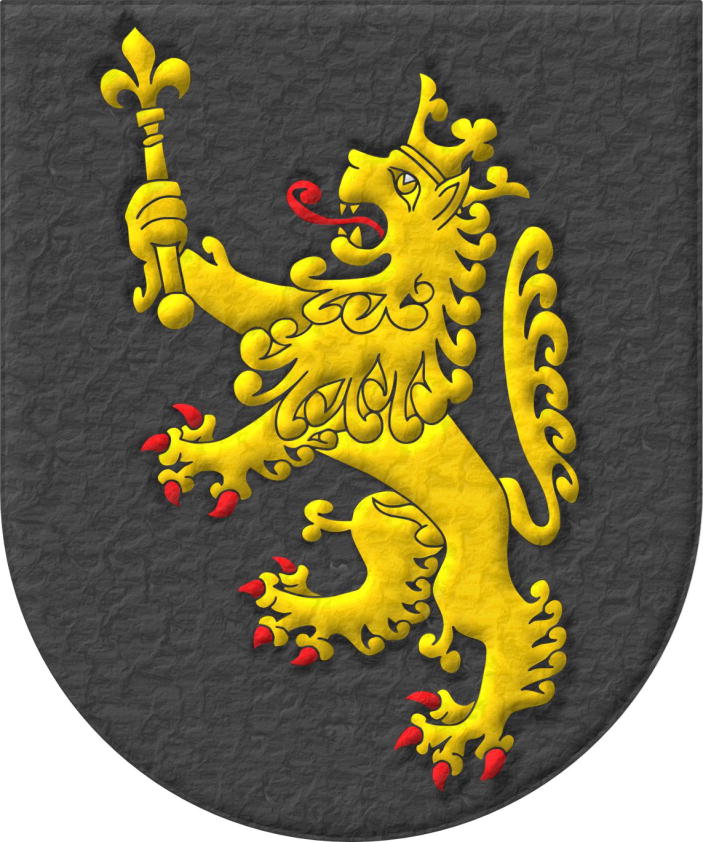 Escudo de sable, un len rampante de oro, armado y lampasado de gules, coronado de oro, teniendo en su diestra un cetro flordelisado de oro.