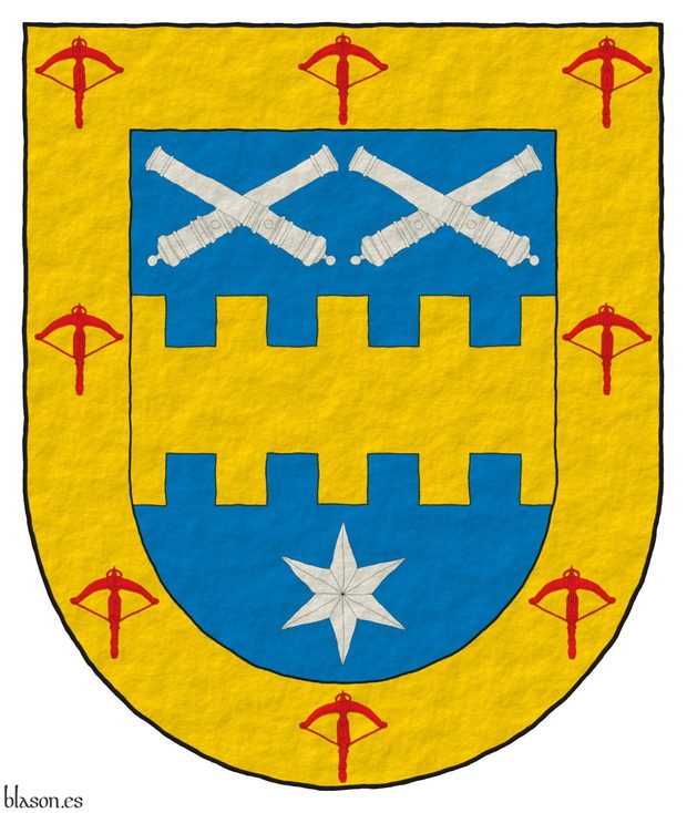 Azure, a fess bretessed Or between in chief two pairs of cannons dismounted in two saltires, in base a mullet of six points Argent; a bordure Or, charged with eight crossbows Gules.