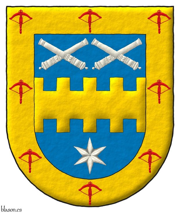 Escudo de azur, una faja bretesada de oro, acompa�ada en jefe de dos pares de tubos de ca�ones desmontados puestos en dos sotueres, en punta de una estrella de seis puntas todo de plata; una bordura de oro, cargada de ocho ballestas de gules.