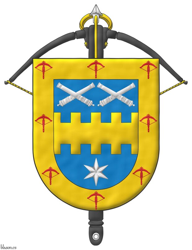 Azure, a fess bretessed Or between in chief two pairs of cannons dismounted in two saltires, in base a mullet of six points Argent; a bordure Or, charged with eight crossbows Gules. Behind the shield a crossbow proper of the Noble Compa��a de Ballesteros Hijosdalgo de San Felipe y Santiago.