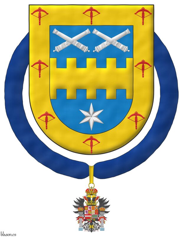 Azure, a fess bretessed Or between in chief two pairs of cannons dismounted in two saltires, in base a mullet of six points Argent; a bordure Or, charged with eight crossbows Gules. The shield is surrounded by the Imperial Hispanic Order of Charles V.