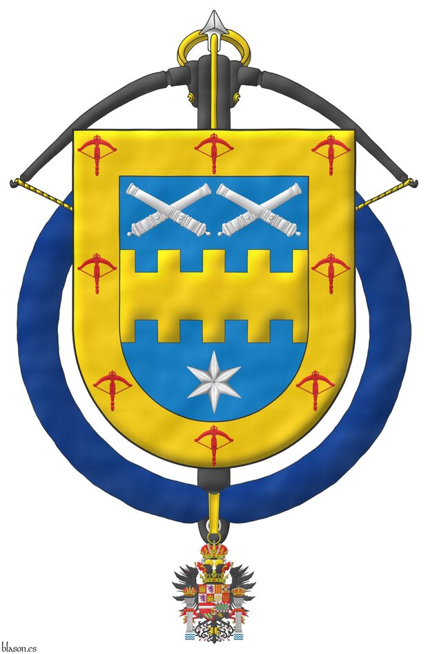 Azure, a fess bretessed Or between in chief two pairs of cannons dismounted in two saltires, in base a mullet of six points Argent; a bordure Or, charged with eight crossbows Gules. Behind the shield a crossbow proper of the Noble Compa��a de Ballesteros Hijosdalgo de San Felipe y Santiago. The shield is surrounded by the Imperial Hispanic Order of Charles V.
