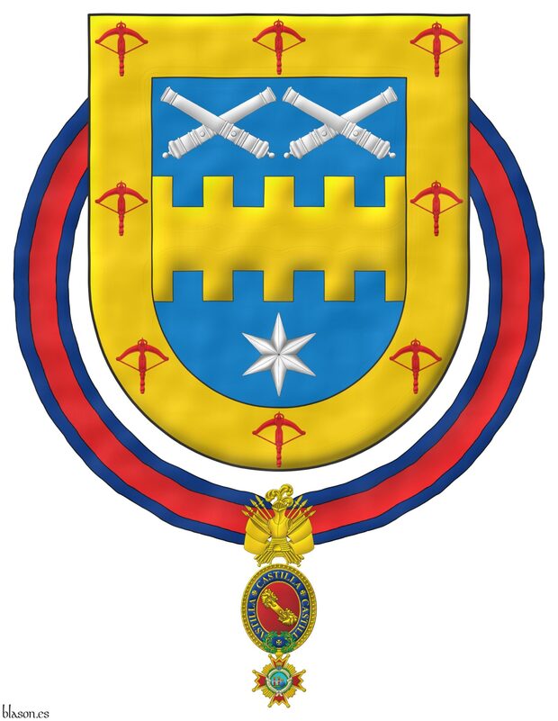 Escudo de azur, una faja bretesada de oro, acompa�ada en jefe de dos pares de tubos de ca�ones desmontados puestos en dos sotueres, en punta de una estrella de seis puntas todo de plata; una bordura de oro, cargada de ocho ballestas de gules. El escudo est� rodeado de la Maestranza de Caballer�a de Castilla.
