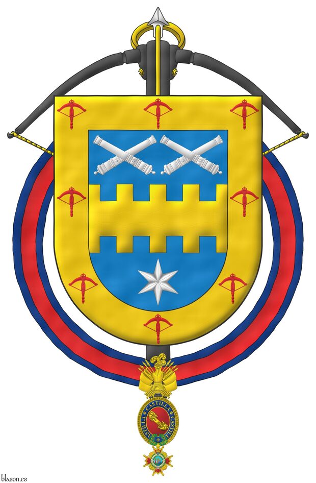 Azure, a fess bretessed Or between in chief two pairs of cannons dismounted in two saltires, in base a mullet of six points Argent; a bordure Or, charged with eight crossbows Gules. Behind the shield a crossbow proper of the Noble Compa��a de Ballesteros Hijosdalgo de San Felipe y Santiago. The shield is surrounded by the Maestranza de Caballer�a de Castilla.