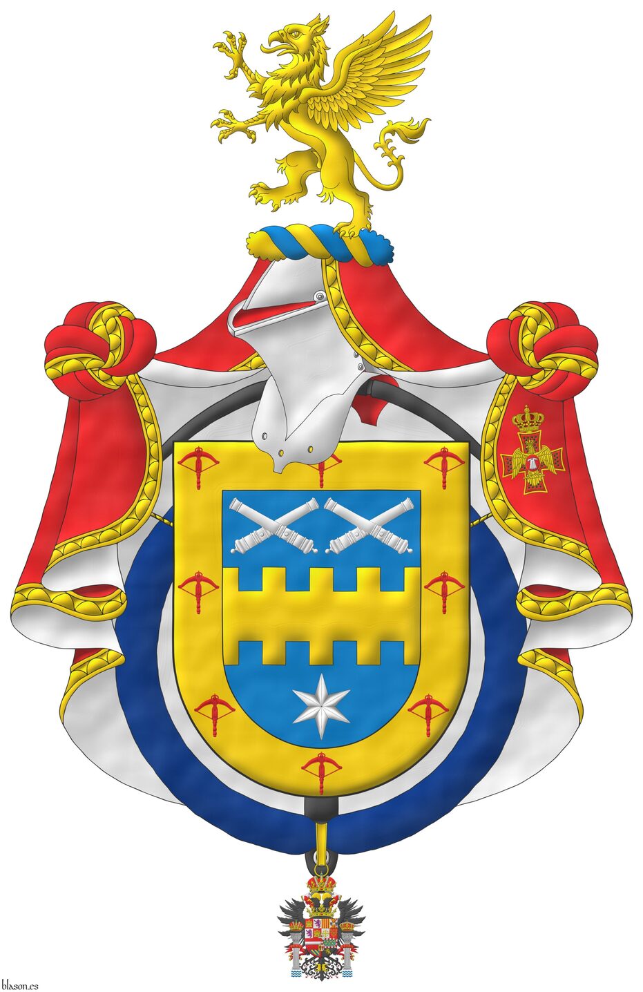 Azure, a fess bretessed Or between in chief two pairs of cannons dismounted in two saltires, in base a mullet of six points Argent; a bordure Or, charged with eight crossbows Gules. Crest: Upon a helm with a wreath Or and Azure, a griffin segreant Or. Capitular mantle of the Order of the Eagle of Georgia. Behind the shield a crossbow proper of the Noble Compa��a de Ballesteros Hijosdalgo de San Felipe y Santiago. The shield is surrounded by the Imperial Hispanic Order of Charles V.