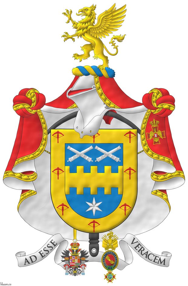 Azure, a fess bretessed Or between in chief two pairs of cannons dismounted in two saltires, in base a mullet of six points Argent; a bordure Or, charged with eight crossbows Gules. Crest: Upon a helm with a wreath Or and Azure, a griffin segreant Or. Capitular mantle of the Order of the Eagle of Georgia. Motto: �Ad Esse Veracem�. Behind the shield a crossbow proper of the Noble Compa��a de Ballesteros Hijosdalgo de San Felipe y Santiago. Suspended from the shield the insignias of the Imperial Hispanic Order of Charles V and the Maestranza de Caballer�a de Castilla.