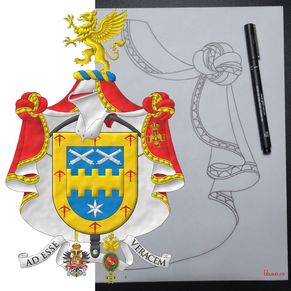 Azure, a fess bretessed Or between in chief two pairs of cannons dismounted in two saltires, in base a mullet of six points Argent; a bordure Or, charged with eight crossbows Gules. Crest: Upon a helm with a wreath Or and Azure, a griffin segreant Or. Capitular mantle of the Order of the Eagle of Georgia. Motto: �Ad Esse Veracem�. Behind the shield a crossbow proper of the Noble Compa��a de Ballesteros Hijosdalgo de San Felipe y Santiago. Suspended from the shield the insignias of the Imperial Hispanic Order of Charles V and the Maestranza de Caballer�a de Castilla.