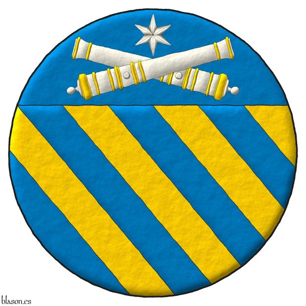 Insignia bandada de ocho piezas de azur y oro; el jefe de azur, dos tubos de ca��n de plata, rematados de oro, en sotuer, surmontados por una estrella de seis puntas de plata.