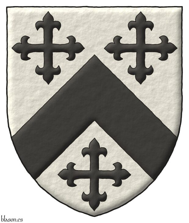 Argent, a chevron between three crosses flory Sable.