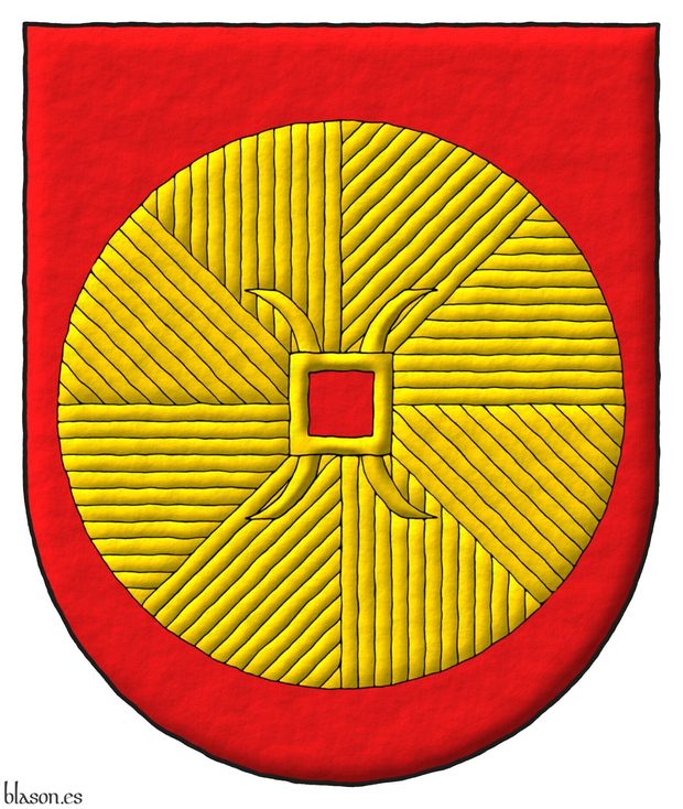 Escudo de gules, una piedra de molino de oro.