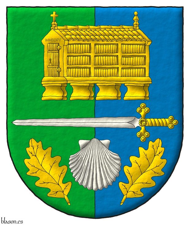 Escudo partido de sinople y azur, brochante sobre el todo una espada puesta en faja de plata, guarnecida de oro, acompaada en jefe de un hrreo de oro, y en punta de una venera de plata acompaada de dos hojas de roble en pila de oro.