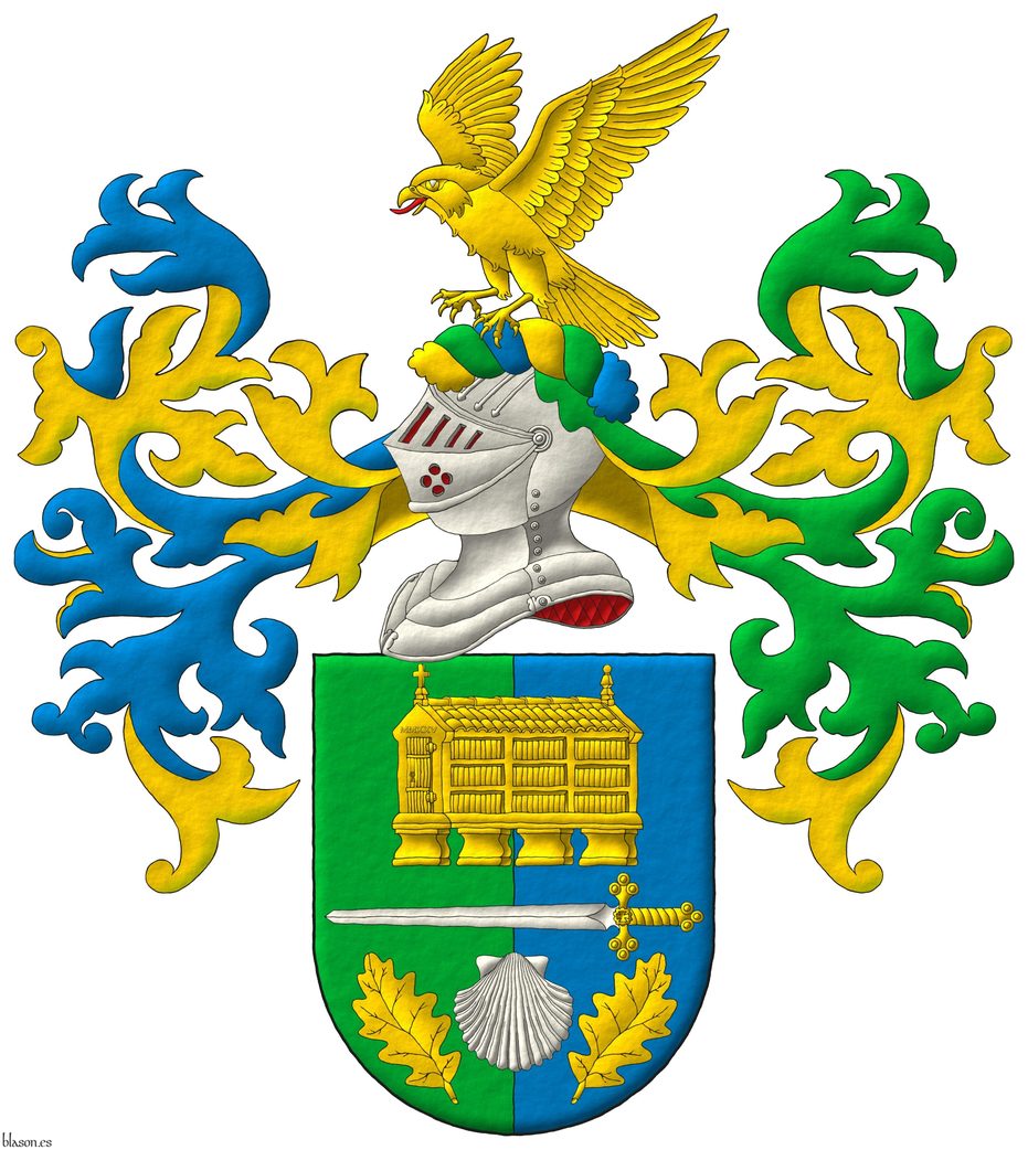 Escudo partido de sinople y azur, brochante sobre el todo una espada puesta en faja de plata, guarnecida de oro, acompaada en jefe de un hrreo de oro, y en punta de una venera de plata acompaada de dos hojas de roble en pila de oro. Timbrado de un yelmo adornado de dos lambrequines, el diestro de azur y oro, el siniestro de sinople y oro, un burelete de oro, sinople y azur, cimado de un halcn azorado de oro, lampasado de gules.