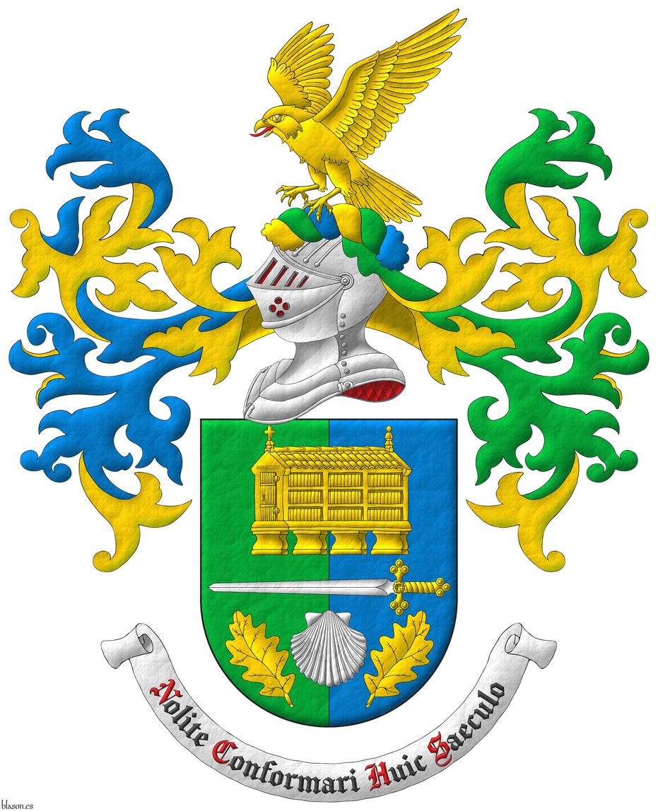 Per pale Vert and Azure, overall a sword fesswise Argent, hilted Or, between in chief a Galician granary Or, and in base an escallop Argent between two oak leaves in pile Or. Crest: Upon a helm, with a wreath Or, Vert, and Azure a falcon rising Or, langued Gules. Mantling: dexter Azure doubled Or, sinister Vert doubled Or. Motto: Nolite Conformari Huic Saeculo Sable, with initial letters Gules, over a scroll Argent.