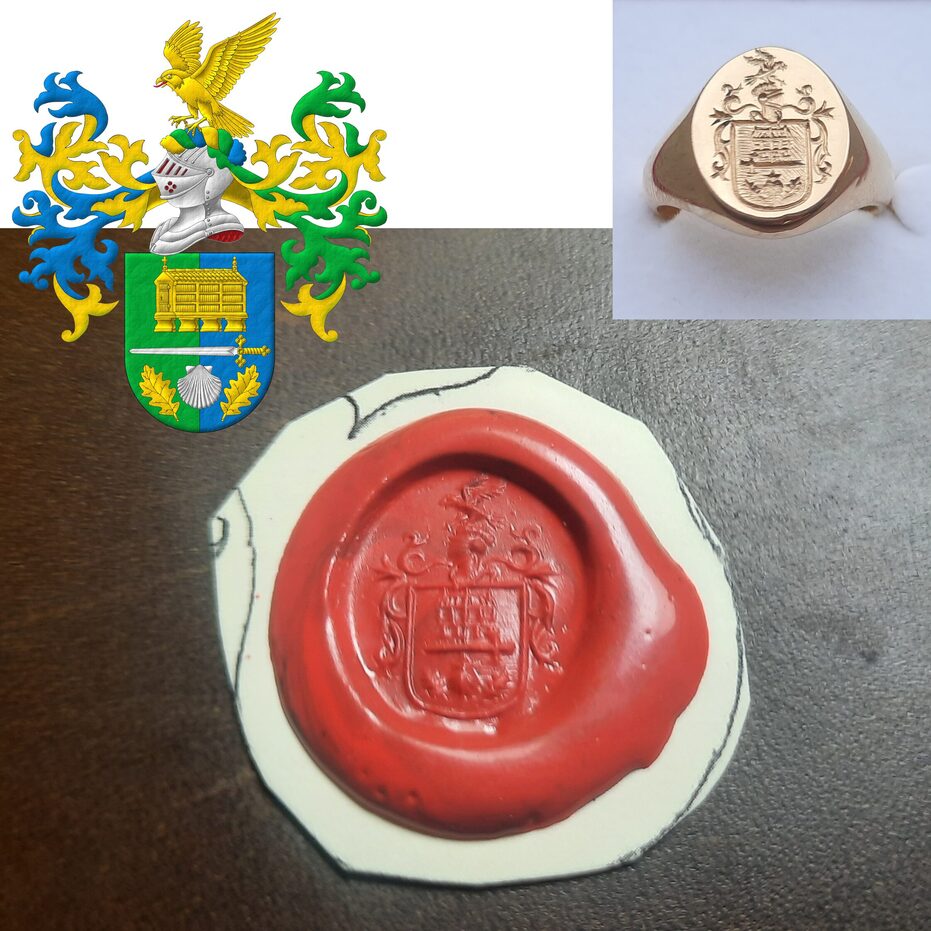 Per pale Vert and Azure, overall a sword fesswise Argent, hilted Or, between in chief a Galician granary Or, and in base an escallop Argent between two oak leaves in pile Or. Crest: Upon a helm, with a wreath Or, Vert, and Azure a falcon rising Or, langued Gules. Mantling: dexter Azure doubled Or, sinister Vert doubled Or.