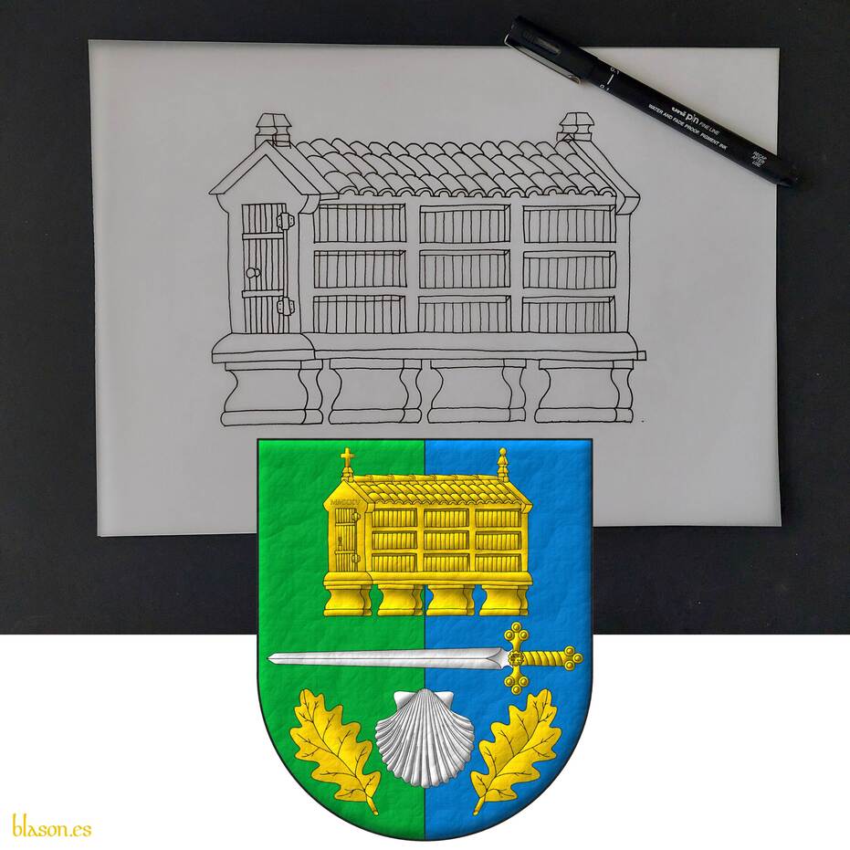 Per pale Vert and Azure, overall a sword fesswise Argent, hilted Or, between in chief a Galician granary Or, and in base an escallop Argent between two oak leaves in pile Or.