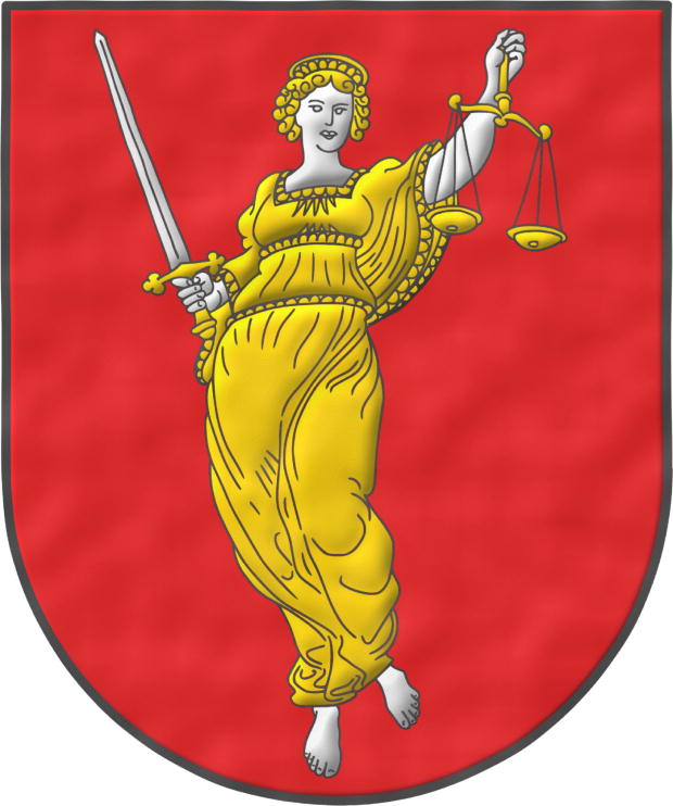 Escudo de gules, una Justicia de plata, vestida de oro, en su diestra una espada de plata, alzada, guarnecida de oro y en su siniestra una balanza de oro.