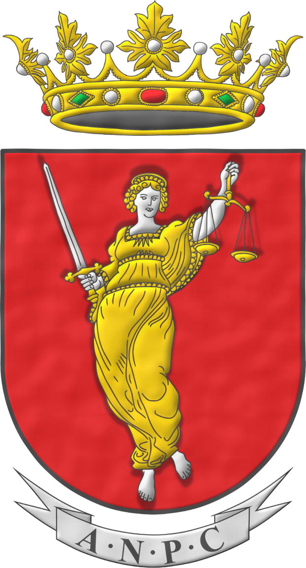 Escudo de gules, una Justicia de plata, vestida de oro, en su diestra una espada de plata, alzada, guarnecida de oro y en su siniestra una balanza de oro. Timbrado de una corona real abierta. Divisa: ANPC.