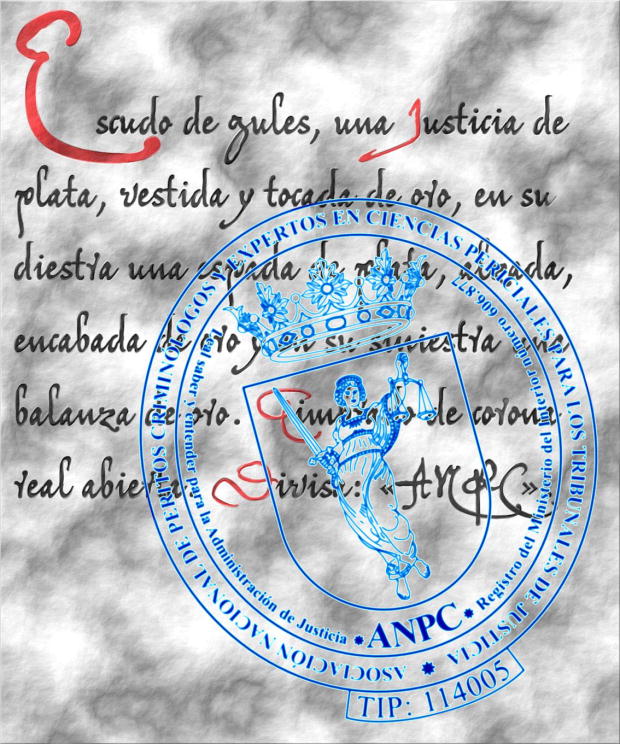 Sello ovalado que contiene un [ escudo con una Justicia, en su diestra una espada, alzada y en su siniestra una balanza. Timbrado de una corona real abierta]. Las divisas y los lemas rodean el sello. En la punta del valo el nmero TIP.