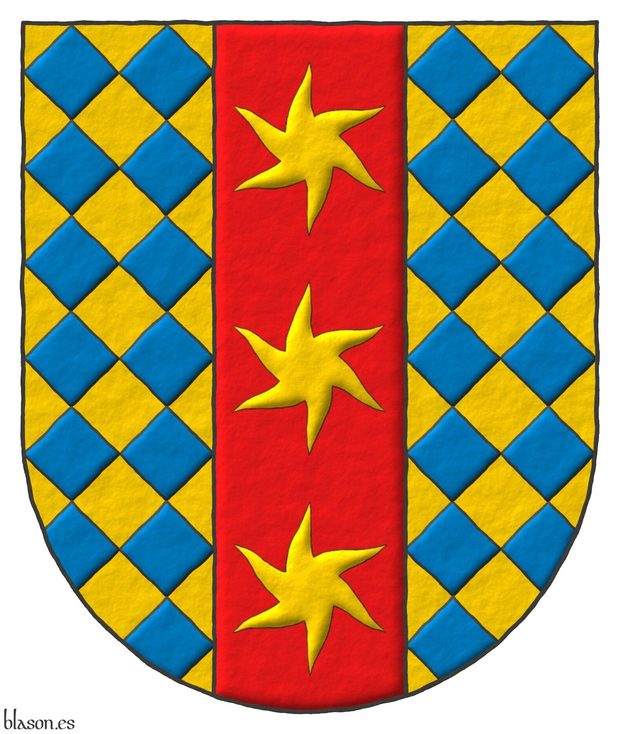 Escudo losanjado oro y azur, en un palo de gules, tres estrella ondadas de oro.