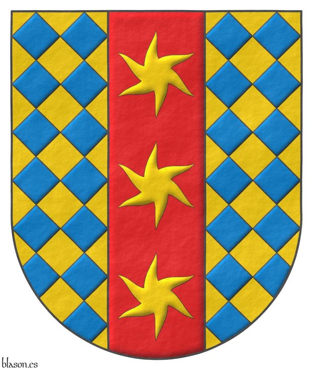 Escudo losanjado oro y azur, en un palo de gules, tres estrellas ondadas de oro.