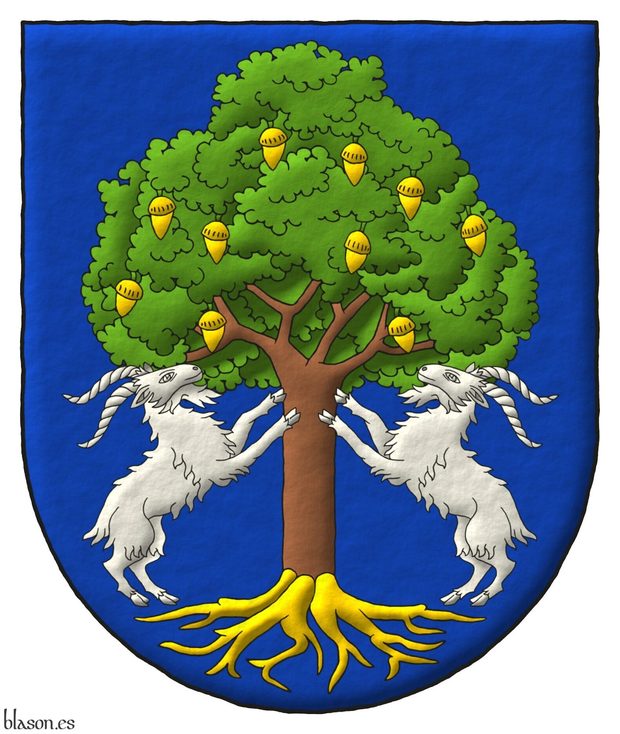 Escudo de azur, una encina al natural, frutada y arrancada de oro, con dos cabras de plata empinadas al tronco.