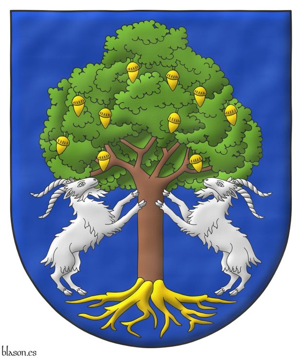 Azure, a holm oak proper, fructed and eradicated Or, between two goats Argent supporting it.