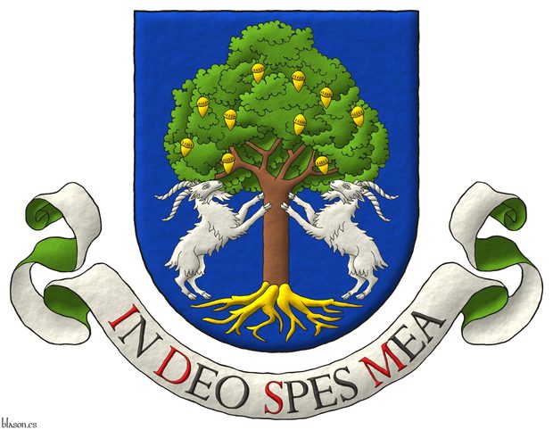 Escudo de azur, una encina al natural, frutada y arrancada de oro, con dos cabras de plata empinadas al tronco. Lema: In Deo Spes Mea.