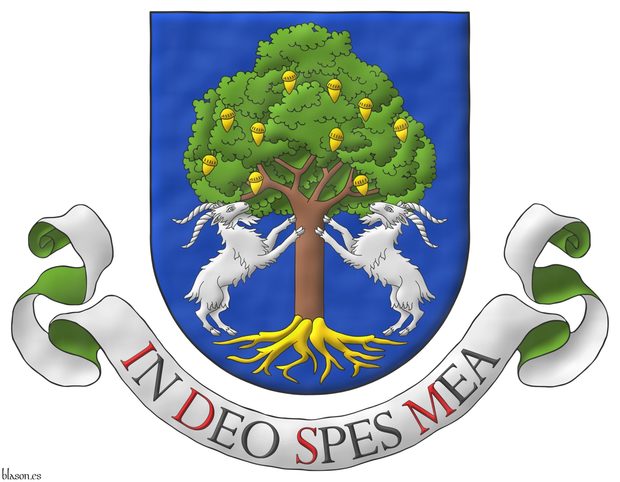 Azure, a holm oak proper, fructed and eradicated Or, between two goats Argent supporting it. Motto: In Deo Spes Mea.