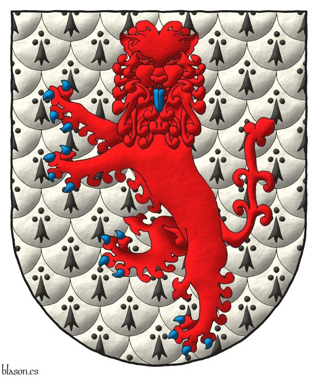 Escudo de armios papelonado, un leopardo leonado de gules, armado y lampasado de azur.