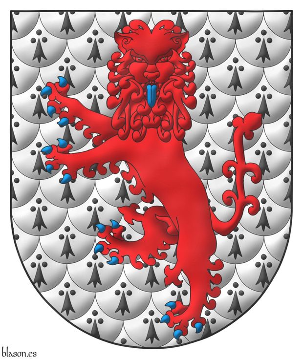 Ermine papelonny, a lion rampant guardant Gules, armed and langued Azure.