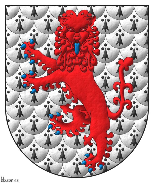 Ermine papelonny, a lion rampant guardant Gules, armed and langued Azure.