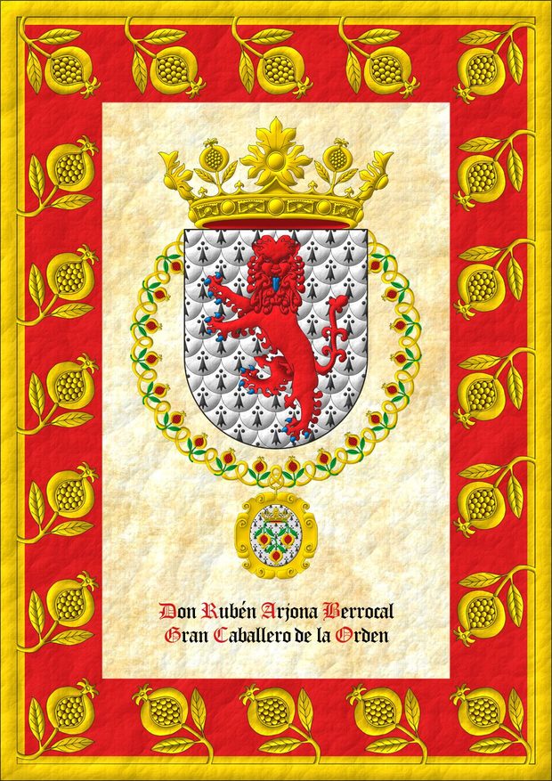 Ermine papelonny, a lion rampant guardant Gules, armed and langued Azure. Crest: A crown of the Sovereign and Most Noble Order of the Pomegranate. The shield is surrounded by the Grand Collar of the Sovereign and Most Noble Order of the Pomegranate.