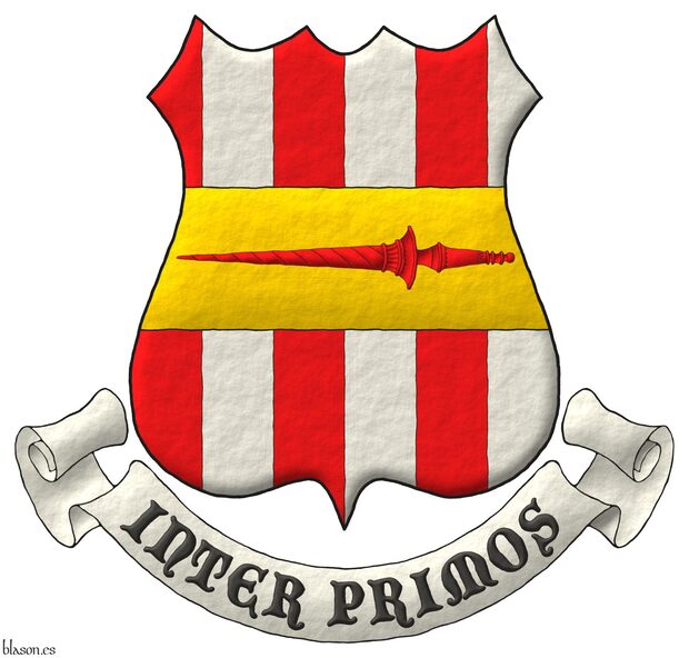 Paly of six Gules and Argent; overall, a fess Or charged with a lance Gules. Motto: Inter Primos.