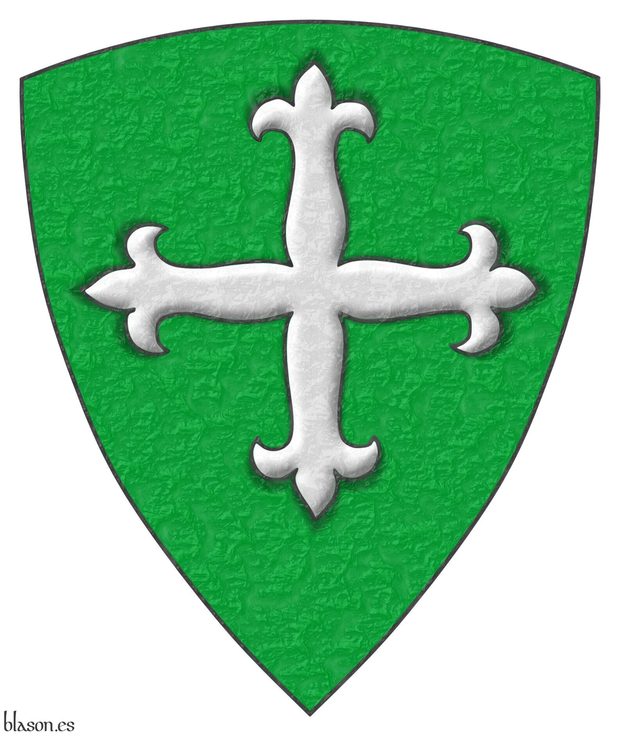 Escudo de sinople, una cruz flordelisada de plata.