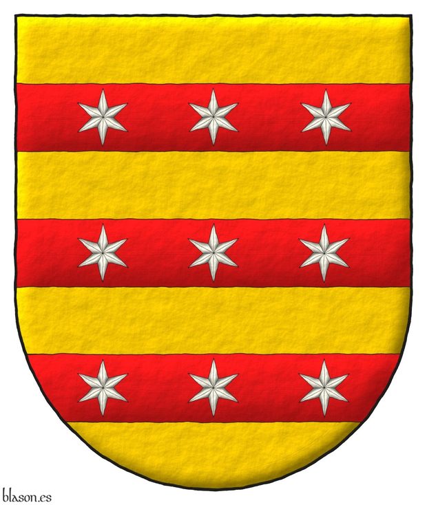 Escudo de oro, tres fajas de gules cargadas cada una de tres estrellas de seis puntas de plata.