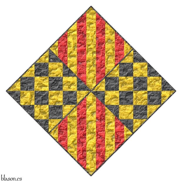 Escudo cuartelado en sotuer: 1o y 4o de oro, cuatro palos de gules; 2o y 3o ajedrezado de oro y sable.