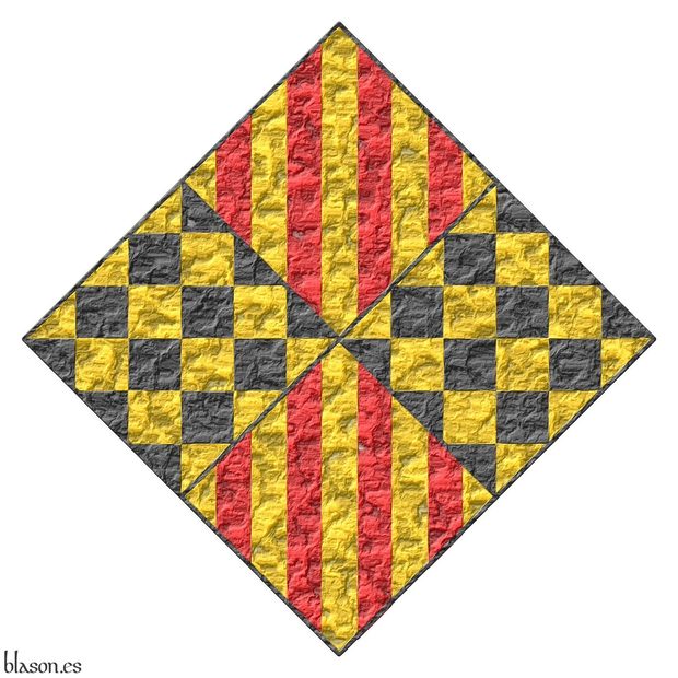 Escudo cuartelado en sotuer: 1o y 4o de oro, cuatro palos de gules; 2o y 3o ajedrezado de oro y sable.