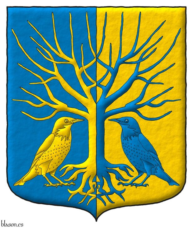 Escudo partido de azur y oro, un árbol arrancado y deshojado del uno al otro acompañado de dos estorninos afrontados del uno en el otro.