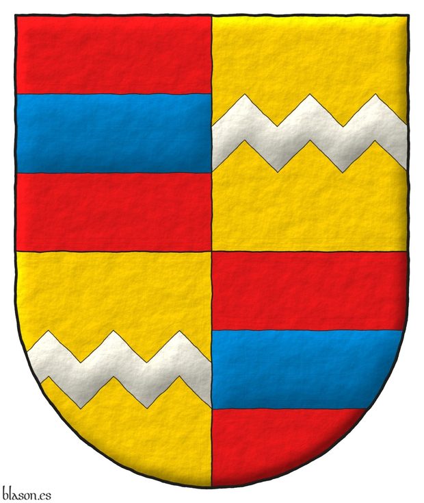 Escudo cuartelado: 1o y 4o de gules, una faja de azur; 2o y 3o de oro, una faja encajada de plata.