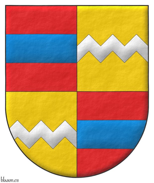 Escudo cuartelado: 1o y 4o de gules, una faja de azur; 2o y 3o de oro, una faja encajada de plata.
