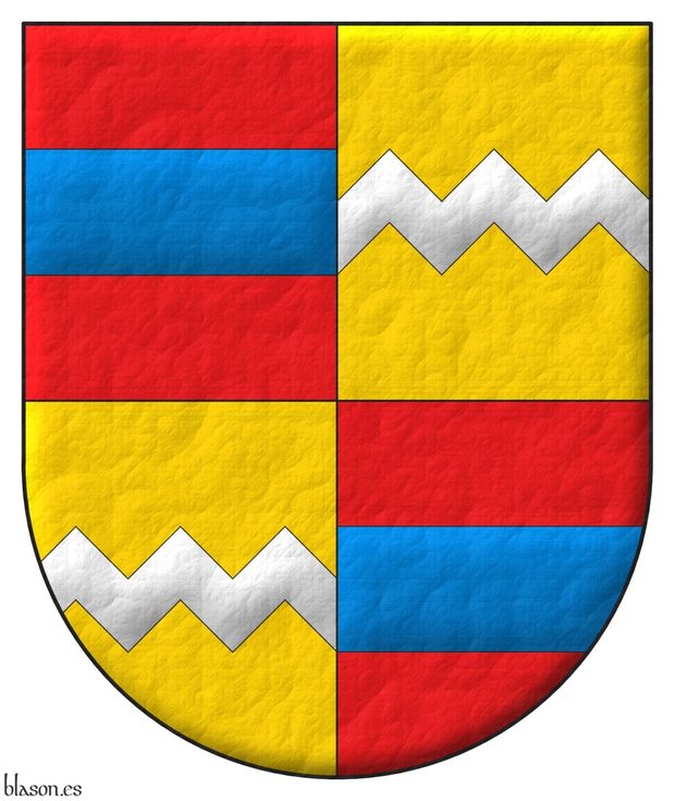 Quarterly: 1 and 4 Gules, a fess Azure; 2 and 3 Or, a fess dancetty Argent.