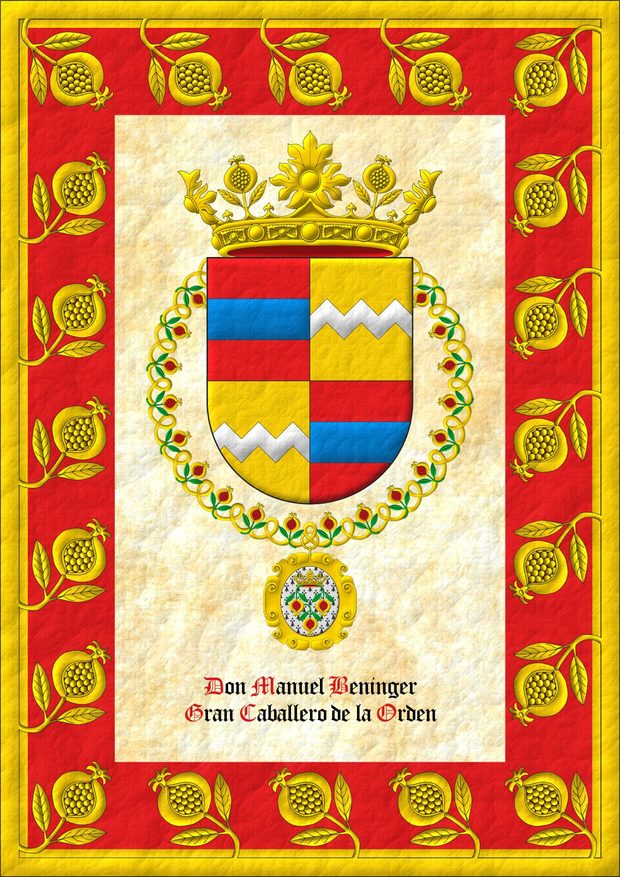 Quarterly: 1 and 4 Gules, a fess Azure; 2 and 3 Or, a fess dancetty Argent. Crest: A crown of the Sovereign and Most Noble Order of the Pomegranate. The shield is surrounded by the Grand Collar of the Sovereign and Most Noble Order of the Pomegranate.