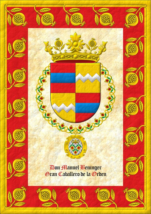 Escudo cuartelado: 1o y 4o de gules, una faja de azur; 2o y 3o de oro, una faja encajada de plata. Timbrado de una corona de la Soberana y Muy Noble Orden de la Granada. El escudo est rodeado del Gran Collar de la Soberana y Muy Noble Orden de la Granada.