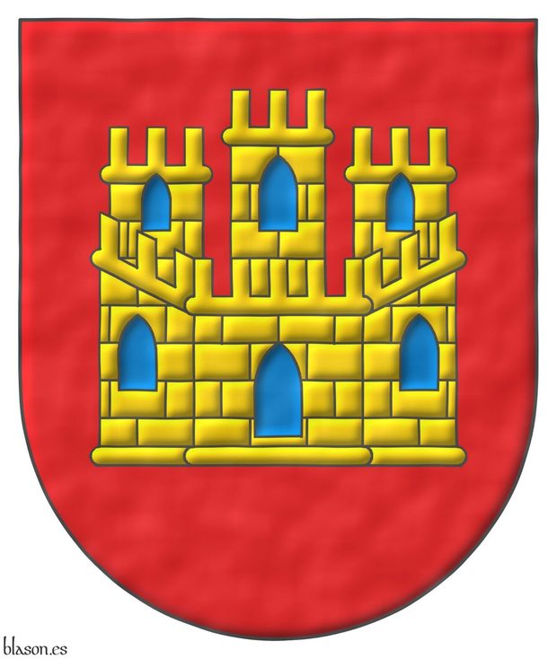 Escudo de gules, un castillo de oro, aclarado de azur, mazonado de sable.