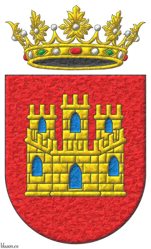 Escudo de gules, un castillo de oro, aclarado de azur, mazonado de sable. Timbrado de una corona real abierta.