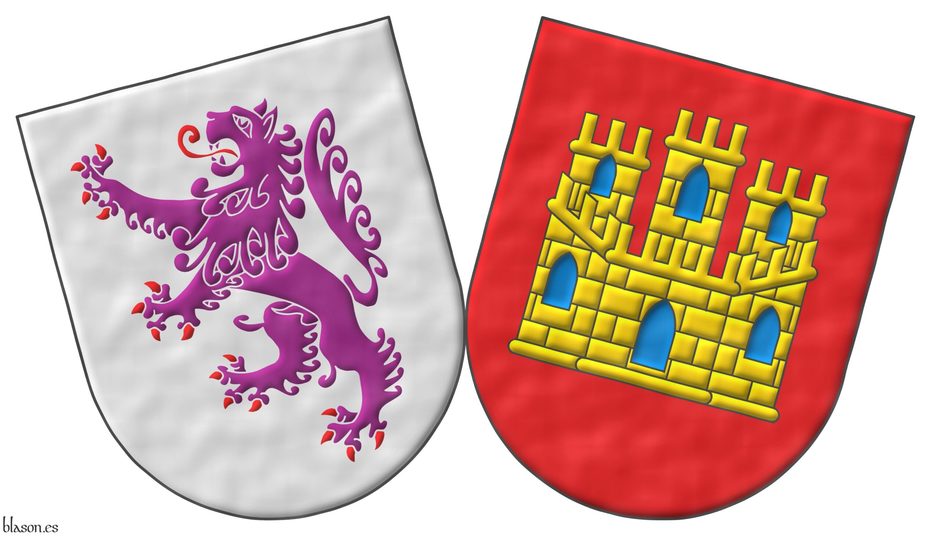 [ Argent, a lion rampant Purpure, armed and langued Gules ] accol with [ Gules, a castle triple towered Or, port and windows Azure, masoned Sable ].