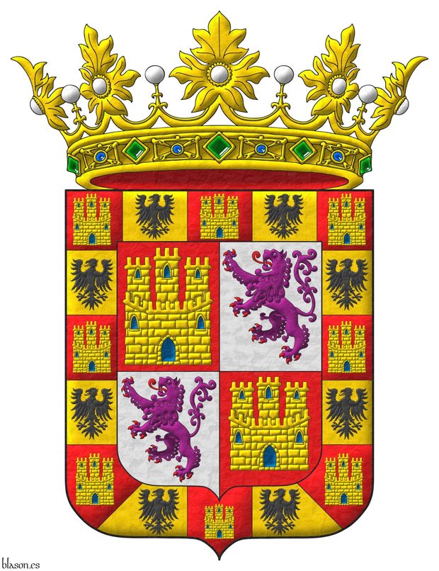 Escudo cuartelado: 1o y 4o de gules, un castillo de oro, aclarado de azur, mazonado de sable; 2o y 3o de plata, un len rampante de prpura, armado y lampasado de gules; una bordura componada de dieciseis compones: ocho de gules, un castillo de oro, aclarado de azur, mazonado de sable, ocho de oro, un guila de sable. Timbrado de corona real abierta.